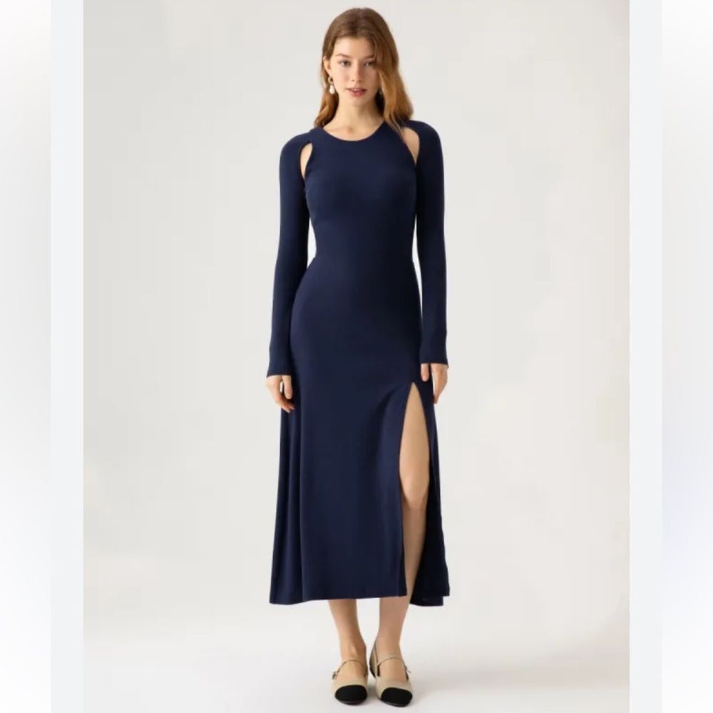 OGL move brami Long Sleeve Dress built-in Bra Cutout Under arm Blue Ribbed NWOT